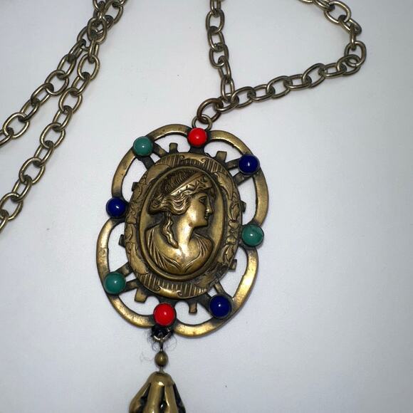Antique Art Deco 1920s brass multicolor glass cameo tassel pendant necklace - Picture 6 of 10